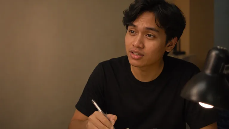 Pria menghitung di buku catatan di meja kamar malam hari