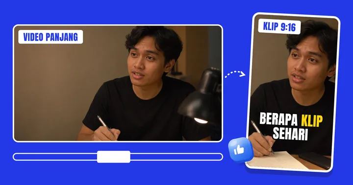 Video 16:9 dipotong jadi klip 9:16 dengan subtitle "berapa klip sehari"