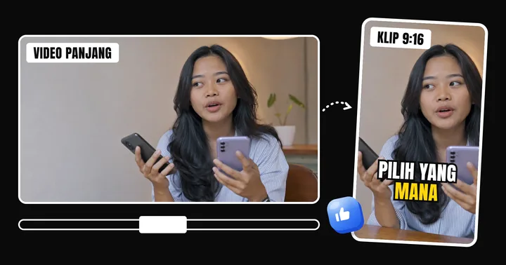 Video 16:9 dipotong jadi klip 9:16 dengan subtitle "pilih yang mana"