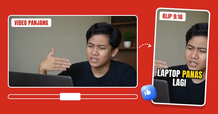 Video 16:9 dipotong jadi klip 9:16 dengan subtitle "laptop panas lagi"