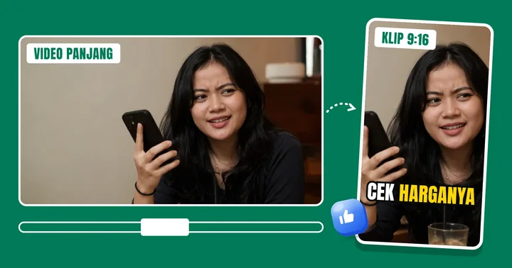 Video 16:9 dipotong jadi klip 9:16 dengan subtitle "cek harganya"