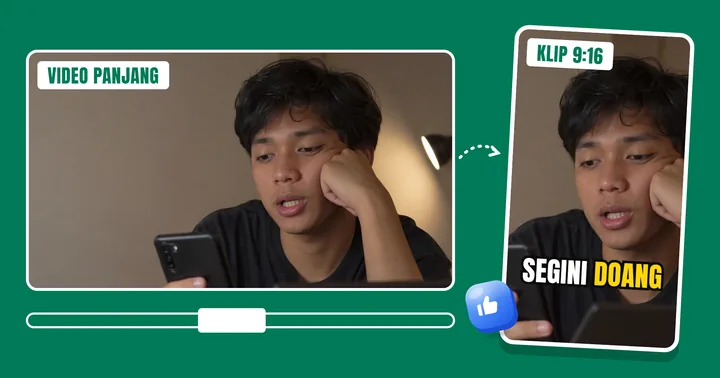 Video 16:9 dipotong jadi klip 9:16 dengan subtitle "segini doang"