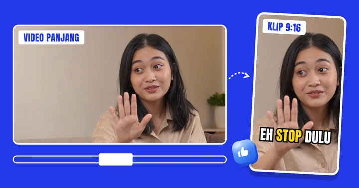 Video 16:9 dipotong jadi klip 9:16 dengan subtitle "eh stop dulu"