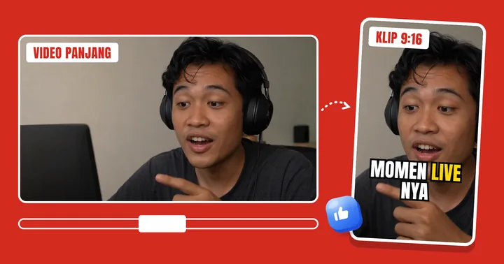 Video 16:9 dipotong jadi klip 9:16 dengan subtitle "momen live nya"