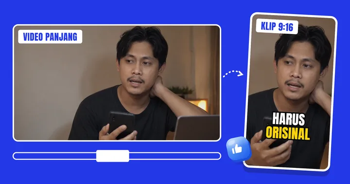 Video 16:9 dipotong jadi klip 9:16 dengan subtitle "harus orisinal"