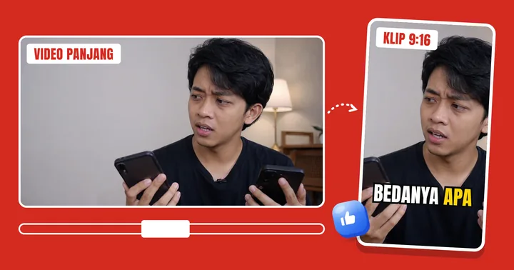 Video 16:9 dipotong jadi klip 9:16 dengan subtitle "bedanya apa"