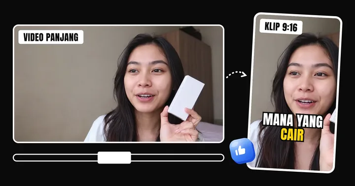 Video 16:9 dipotong jadi klip 9:16 dengan subtitle "mana yang cair"