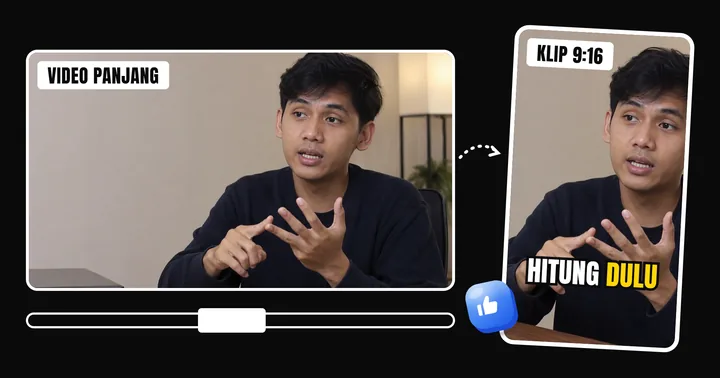 Video 16:9 dipotong jadi klip 9:16 dengan subtitle "hitung dulu"