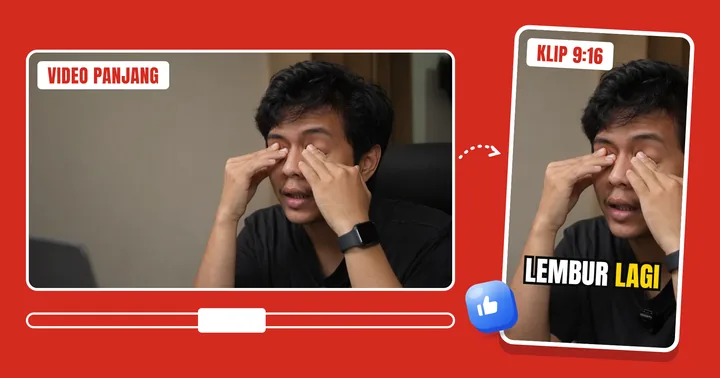 Video 16:9 dipotong jadi klip 9:16 dengan subtitle "lembur lagi"