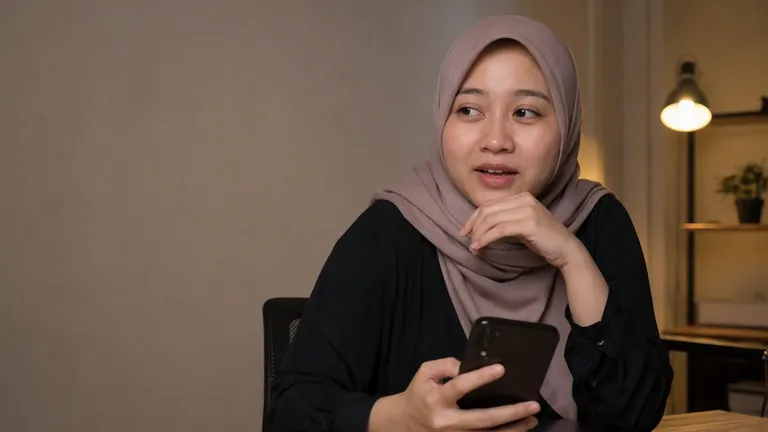 Perempuan berhijab tersenyum melihat HP