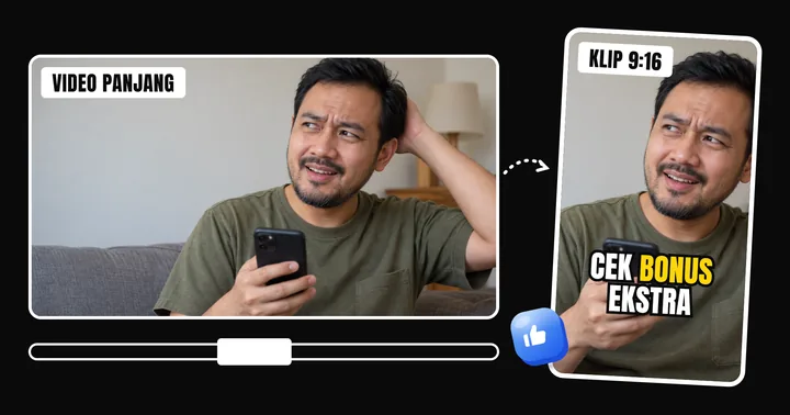 Video 16:9 dipotong jadi klip 9:16 dengan subtitle "cek bonus ekstra"