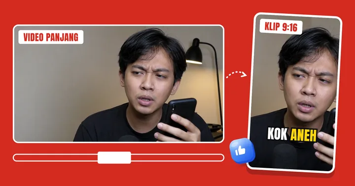 Video 16:9 dipotong jadi klip 9:16 dengan subtitle "kok aneh"