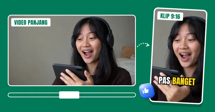 Video 16:9 dipotong jadi klip 9:16 dengan subtitle "pas banget"