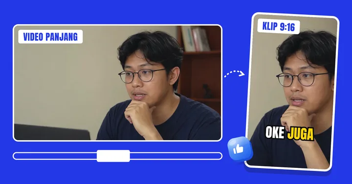 Video 16:9 dipotong jadi klip 9:16 dengan subtitle "oke juga"
