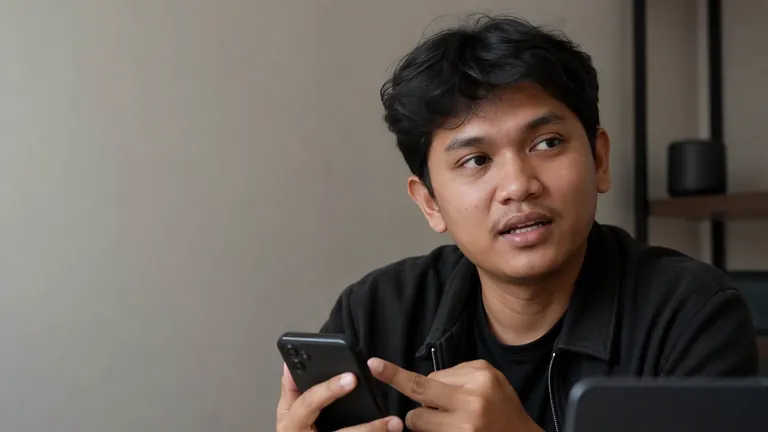Pria serius mencari sesuatu di HP