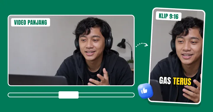 Video 16:9 dipotong jadi klip 9:16 dengan subtitle "gas terus"