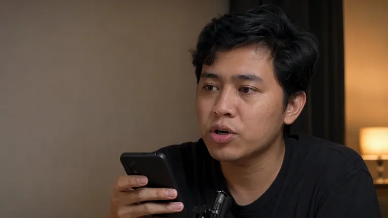 Pria membaca HP dengan waspada