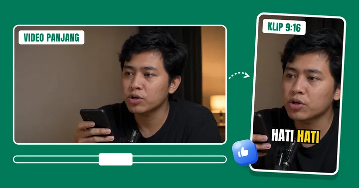Video 16:9 dipotong jadi klip 9:16 dengan subtitle "hati hati"