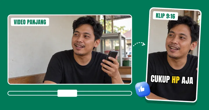 Video 16:9 dipotong jadi klip 9:16 dengan subtitle "cukup HP aja"