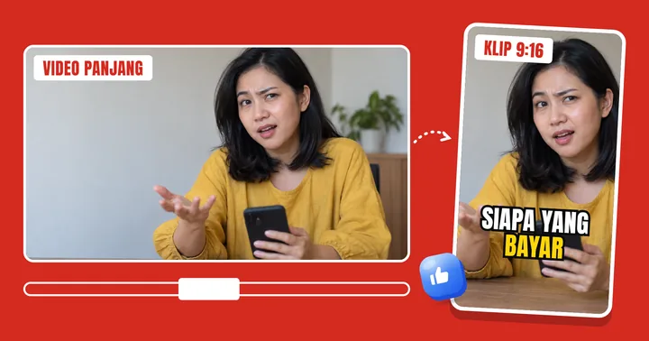 Video 16:9 dipotong jadi klip 9:16 dengan subtitle "siapa yang bayar"