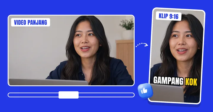Video 16:9 dipotong jadi klip 9:16 dengan subtitle "gampang kok"