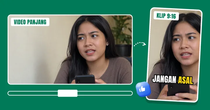 Video 16:9 dipotong jadi klip 9:16 dengan subtitle "jangan asal"