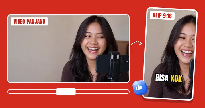 Video 16:9 dipotong jadi klip 9:16 dengan subtitle "bisa kok"