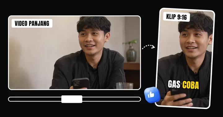 Video 16:9 dipotong jadi klip 9:16 dengan subtitle "gas coba"