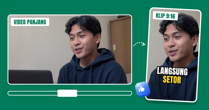 Video 16:9 dipotong jadi klip 9:16 dengan subtitle "langsung setor"