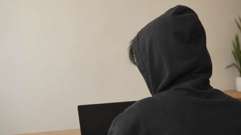 Orang berhoodie dilihat dari belakang, menghadap laptop