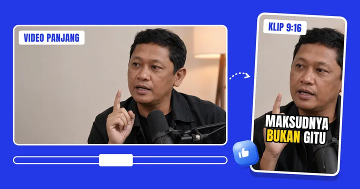 Video 16:9 dipotong jadi klip 9:16 dengan subtitle "maksudnya bukan gitu"