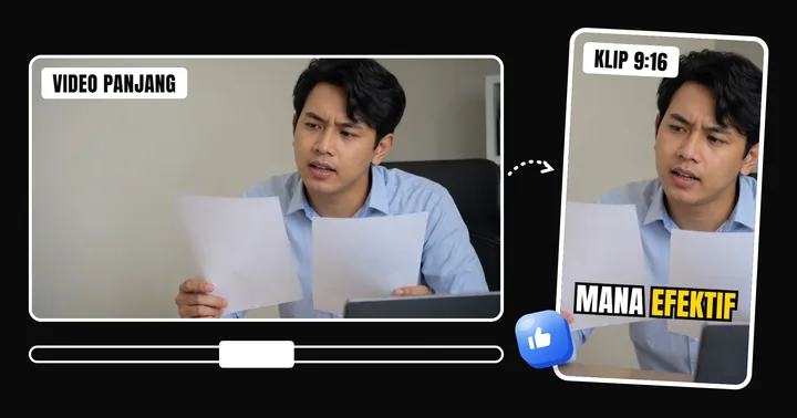 Video 16:9 dipotong jadi klip 9:16 dengan subtitle "mana efektif"