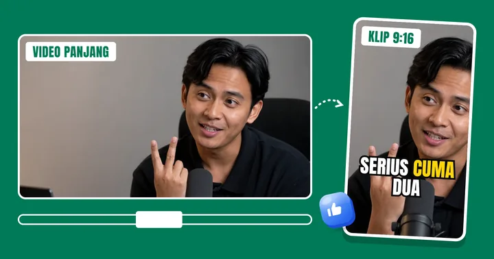 Video 16:9 dipotong jadi klip 9:16 dengan subtitle "serius cuma dua"