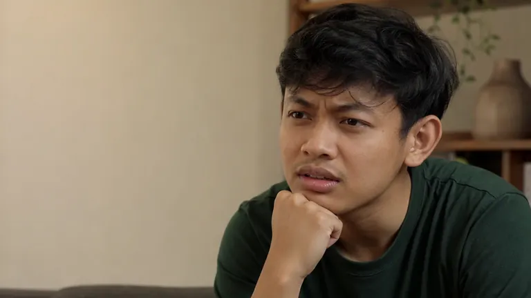 Pria di ruang podcast mencondongkan badan dengan wajah penasaran