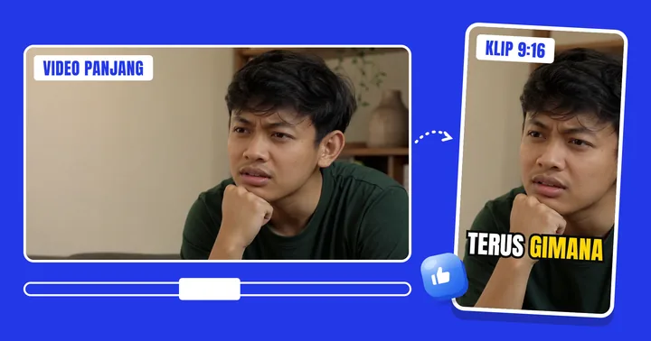 Video 16:9 dipotong jadi klip 9:16 dengan subtitle "terus gimana"