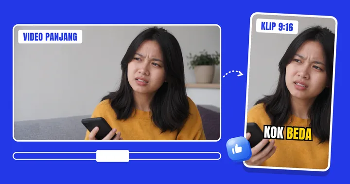 Video 16:9 dipotong jadi klip 9:16 dengan subtitle "kok beda"