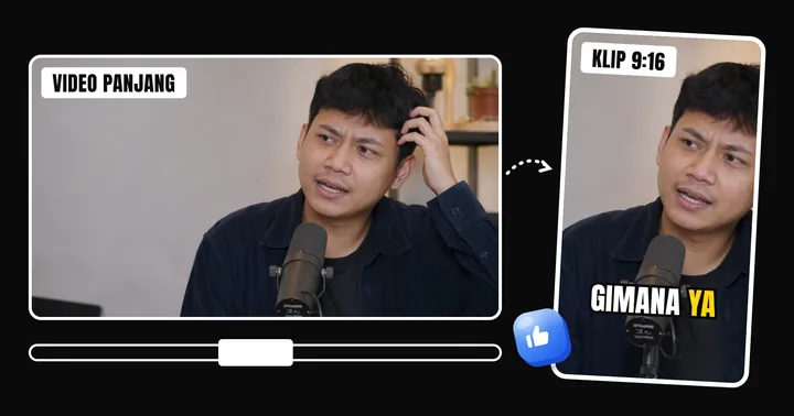Video 16:9 dipotong jadi klip 9:16 dengan subtitle "gimana ya"