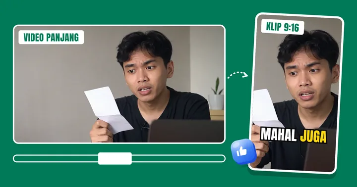 Video 16:9 dipotong jadi klip 9:16 dengan subtitle "mahal juga"