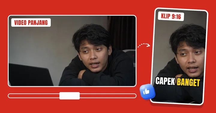 Video 16:9 dipotong jadi klip 9:16 dengan subtitle "capek banget"