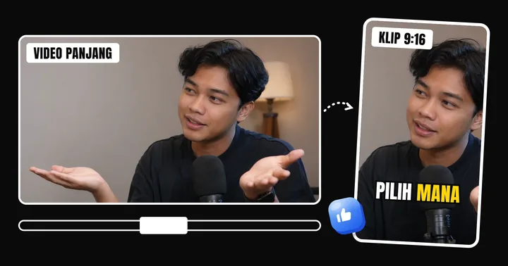 Video 16:9 dipotong jadi klip 9:16 dengan subtitle "pilih mana"