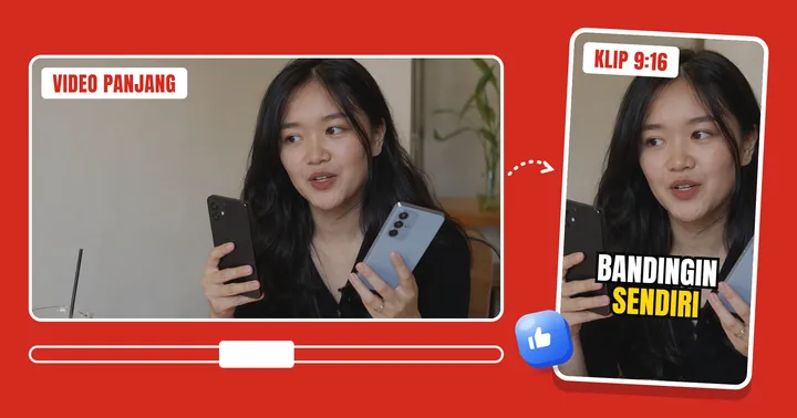 Video 16:9 dipotong jadi klip 9:16 dengan subtitle "bandingin sendiri"