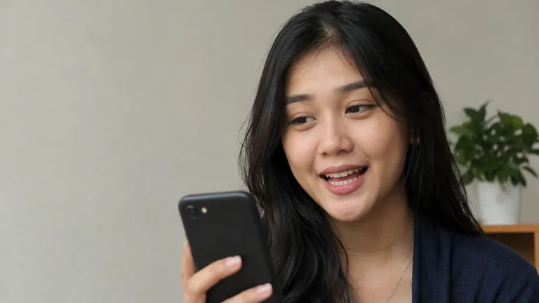 Perempuan tersenyum melihat HP