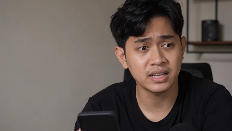 YouTuber cemas membaca berita di HP