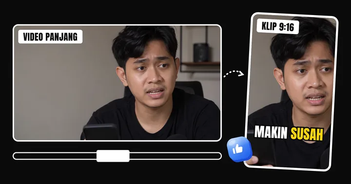 Video 16:9 dipotong jadi klip 9:16 dengan subtitle "makin susah"