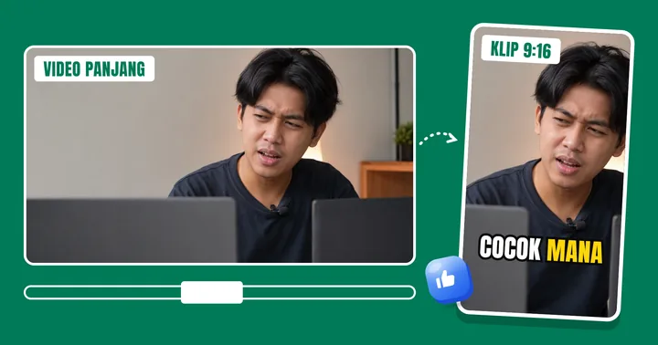 Video 16:9 dipotong jadi klip 9:16 dengan subtitle "cocok mana"