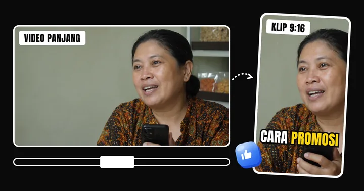 Video 16:9 dipotong jadi klip 9:16 dengan subtitle "cara promosi"