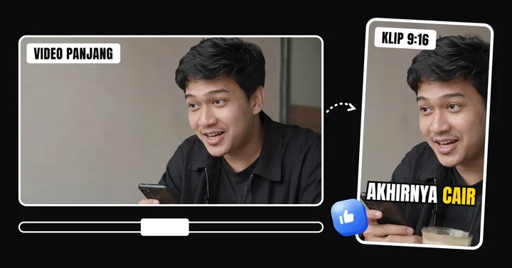 Video 16:9 dipotong jadi klip 9:16 dengan subtitle "akhirnya cair"