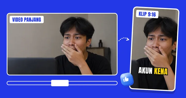 Video 16:9 dipotong jadi klip 9:16 dengan subtitle "akun kena"