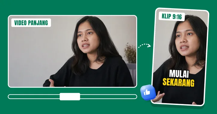 Video 16:9 dipotong jadi klip 9:16 dengan subtitle "mulai sekarang"