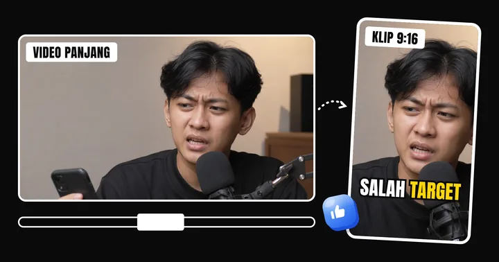 Video 16:9 dipotong jadi klip 9:16 dengan subtitle "salah target"